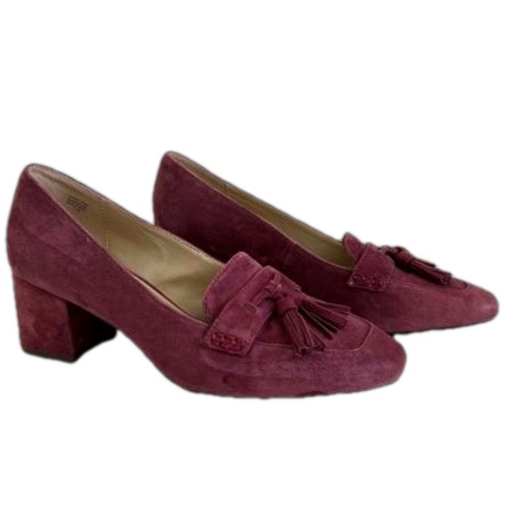 Ann Taylor Shoes - Ann Taylor Burgundy Cranberry Suede Block Heel Tassel Loafers
